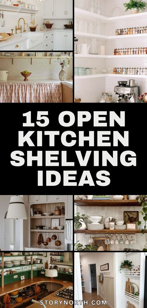 Save this pin for creative and practical open shelving ideas to enhance your kitchen decor! Discover how these innovative designs can add style and functionality to your space. #KitchenDecor #HomeDesignIdeas #OpenShelving #InteriorInspiration Unique Kitchen Shelves, Kitchen Wall Shelving, Open Lower Kitchen Cabinets, Open Kitchen Shelving Ideas, Rustic Mediterranean Kitchen, Open Shelf Kitchen Ideas, Kitchen Shelf Ideas, Open Shelf Kitchen, Kitchen Shelving Ideas