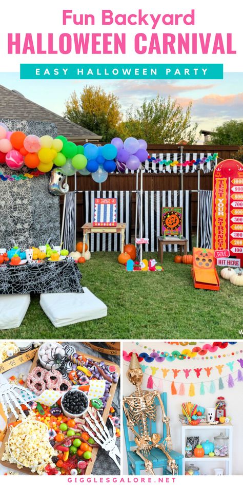 RainBOO Halloween Carnival party! This is a really fun Halloween party idea for kids. You can really celebrate this Halloween with family and friends or the neighborhood children by throwing this epic RainBOO Halloween Carnival party in your backyard. Rainbows, candy, games, and some DIY spooktacular decorations! From a DIY carnival booth and a fun snack menu with this Halloween party, you will have a fantastic time. Halloween Carnival Party Ideas, Driveway Halloween Party, Halloween Carnival Games For Adults, Halloween Carnival Booth Ideas, Neighborhood Halloween Party, Halloween Neighborhood Party, Spooky Carnival Party, Halloween Booth Ideas Carnival Games, Diy Halloween Carnival Games