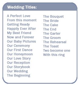 Wedding Titles Wedding Day Scrapbook Ideas, Wedding Scrapbook Ideas Diy Inspiration, Wedding Scrapbook Ideas Layout, Wedding Album Quotes Words, Wedding Scrapbook Titles, Wedding Album Title Ideas, Scrapbooking Wedding Layouts Ideas, Wedding Scrapbook Ideas, Wedding Scrapbook Page Titles