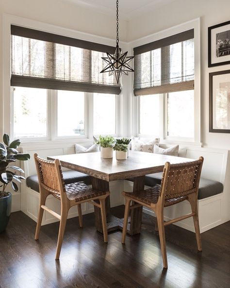 Corner Breakfast Nook, Built In Breakfast Nook, Nook Bench, Banquette Seating In Kitchen, Kitchen Banquette, Woven Wood Shades, Banquette Seating, Kitchen Nook, Dining Nook