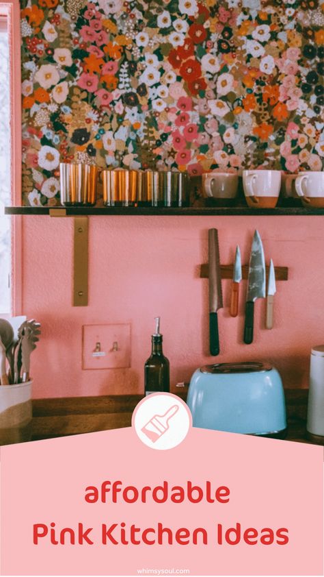 My pink kitchen makeover - from drape to colorful and all without a major renovation! I loved my retro kitchen and turned it into a cool pink kitchen with floral wallpaper. I kept my wood cabinets instead of doing pink cabinets but did pink walls and pink floral wallpaper. It was cheaper to not do pink subway tiles and instead use paint and retro appliances to add color to my shabby pink kitchen. Pink Fridge Kitchen, Pink And Green Kitchen Ideas, Pink Kitchen Walls Wood Cabinets, Green Pink Wood Kitchen, Pink Tiles Kitchen, Pink Tiles Green Kitchen, Pink And Green Kitchen, Kitchen Pink Tiles, Green Kitchen Cabinets Pink Tiles