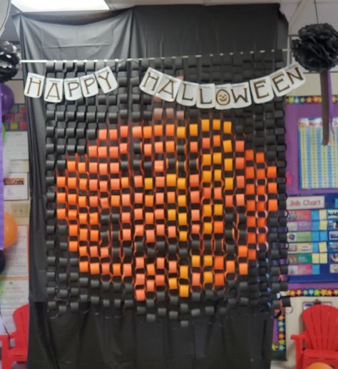 Just let me say this was super hard to make I use over 200 black and orange cardstock paper. Halloween Window Display, Job Chart, Paper Chain, Halloween Window, Paper Chains, Black And Orange, Window Display, Halloween Pumpkin, Cardstock Paper