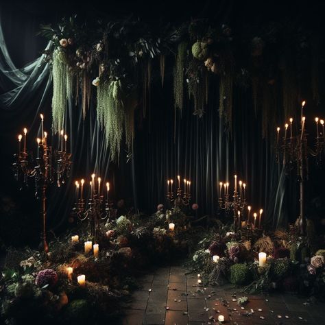 Modern Forest Wedding Decor, Dark Sultry Wedding, Gothic Cottage Core Wedding, Goth Wedding Ceremony Decor, Moody Woodsy Wedding, Swamp Themed Wedding, Fairy Goth Wedding, Black And Green Wedding Ideas, Black Wedding Venue Aesthetic