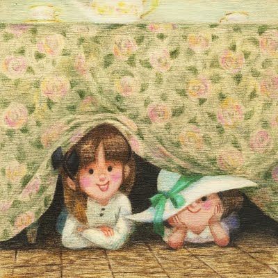 Genevieve Godbout.  colour pencils on wood. Genevieve Godbout, Sisters Drawing, Illustrated Words, Sweet Drawings, Maurice Sendak, Sisters Art, Art Mignon, Calendar Girls, Pinturas Disney