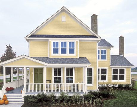 white trim color exterior | House Paint Color Combinations - Choosing Exterior Paint Colors ... House With White Trim, Yellow House Exterior, Office Exterior, Exterior Paint Color Combinations, Grey Exterior House Colors, Best Exterior House Paint, Exterior House Paint Color, Paint Color Combinations, Exterior House Paint