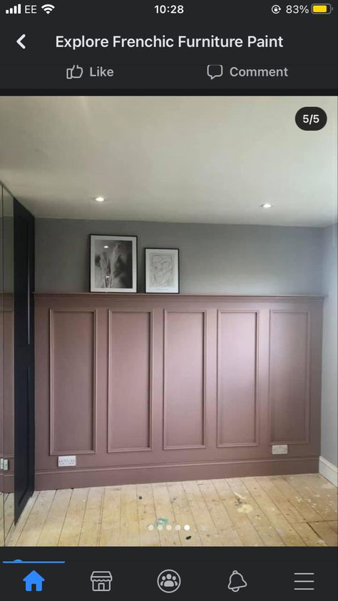 Blush Panelling Bedroom, Burgundy Board And Batten Wall, Dark Pink Panelling, Purple Board And Batten Wall, Mauve Accent Wall Living Room, Lilac Panelling, Mauve Wainscoting, Mauve Board And Batten, Mauve Board And Batten Wall