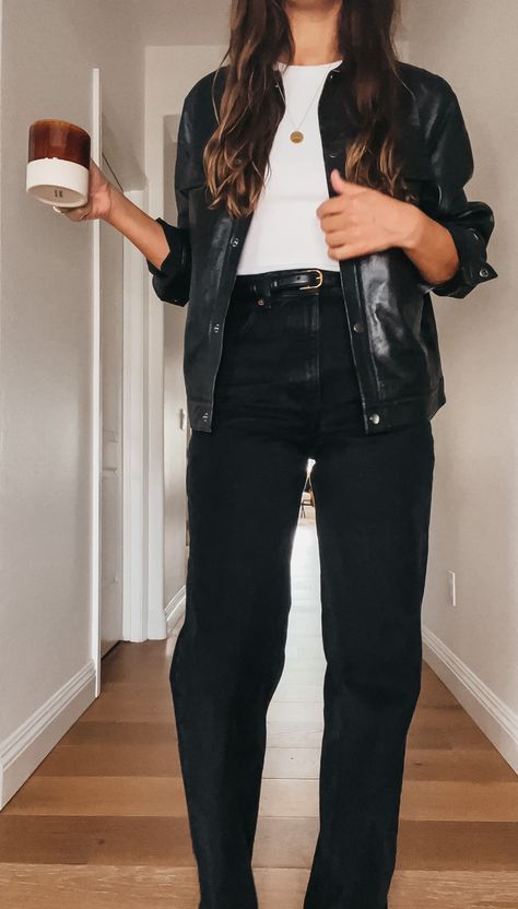 Natalie Borton | Page 3 | The Blog Leather Jacket Styling Women, Black Wool Trousers Outfit, Modern Millenial Fashion, Black Faux Leather Shacket Outfit, Curvy Shacket Outfit, Black Leather Shirt Outfit Women, Modern Edgy Outfits, Black Denim Outfits Women, Leather Shacket Outfit Women