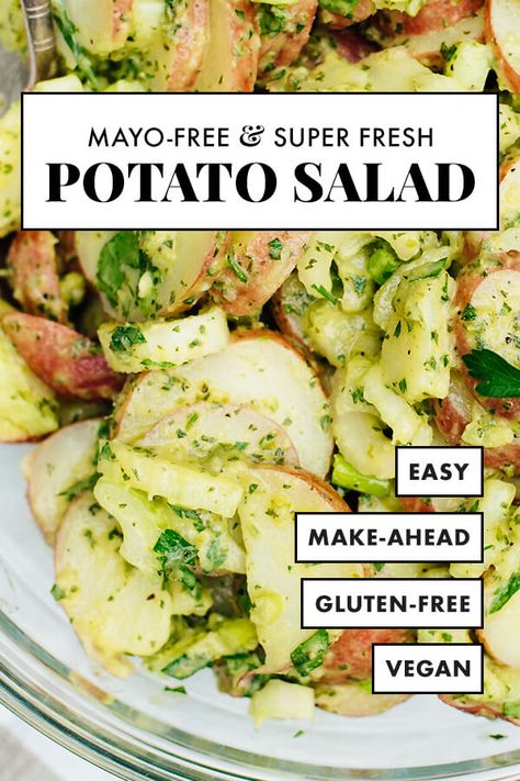 This healthy potato salad recipe is full of fresh flavor. It's mayo-free and so easy to make (and vegan, too!). It'll be a big hit at your next party! #potatosalad #veganrecipe #glutenfree #potluck #memorialday #cookieandkate Healthy Potato Salad, Potato Salad No Mayo, Healthy Potato Salad Recipe, Herbed Potato Salad, French Potato Salad, Healthy Potato, Red Potato Salad, Cookie And Kate, Potato Salad Healthy