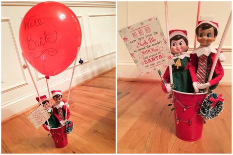 Elf on the Shelf Ideas. Elf Arrival. The elves arrived via hot air balloon! To view more pins like this one, search for Pinterest user amywelsh18. Elf On The Shelf Arrival, Elf Arrival, Shelf Elf, Awesome Elf On The Shelf Ideas, Elf Magic, Elf Activities, Xmas Elf, Elf Antics, Elf Fun