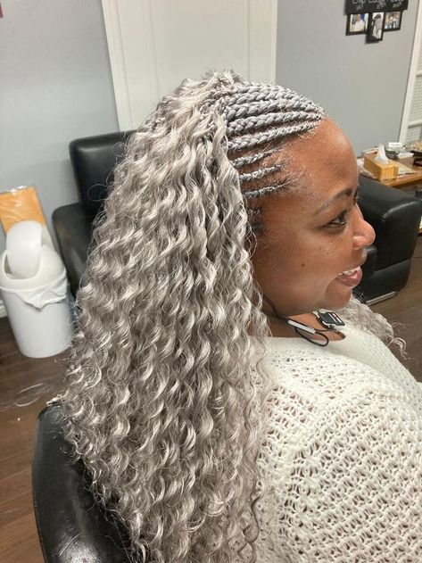 Silver Braids For Black Women, Salt And Pepper Braids Black Women, Grandma Hairstyles, Big Braid Styles, Braided Ponytail Black Hair, Silver Hair Braids, Grey Braids, Graying Gracefully, Grey Hair Braids