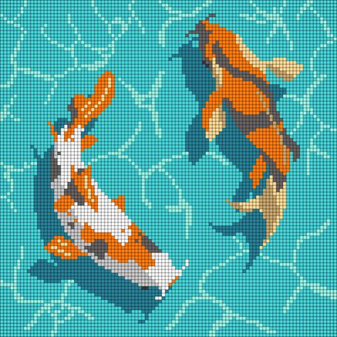 Koi Fish Crochet Tapestry, Koi Alpha Pattern, Pixel Art Koi Fish, Koi Fish Alpha Pattern, Alpha Pattern Pixel Art, Alpha Pattern Tapestry, Crochet Pixel Pattern Aesthetic, Cute Crochet Tapestry, Aesthetic Alpha Patterns