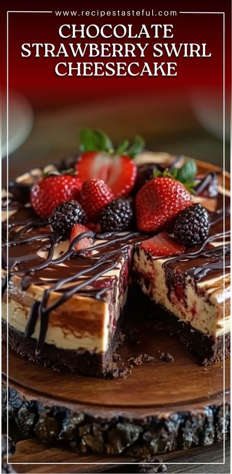 This rich and creamy Chocolate Strawberry Swirl Cheesecake is a perfect dessert for any occasion. With a deliciously crunchy chocolate cookie crust, creamy cheesecake filling, and a sweet marbled ribbon of chocolate and fresh strawberries, it's a true showstopper! Top it off with a glossy chocolate ganache and fresh strawberries for a stunning presentation. #ChocolateStrawberryCheesecake #DessertLovers #CheesecakeRecipe #ChocolateDessert #StrawberryCheesecake #SweetTreats Chocolate Cheesecake With Strawberries, Chocolate Strawberry Dessert Recipes, Strawberry Chocolate Cheesecake, Strawberry Chocolate Dessert, Chocolate Strawberry Desserts, Chocolate Swirl Cheesecake, Chocolate Covered Strawberry Cheesecake, Strawberry Swirl Cheesecake, Chocolate Strawberry Cheesecake