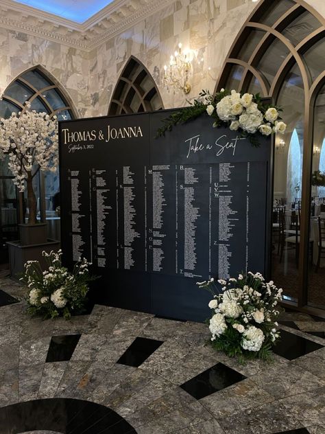 Black modern seating chart wall Romantic Wedding Seating Chart, Seating Chart Wall Wedding, Large Wedding Seating Chart Display, Wedding Signage Seating Chart, Black And White Wedding Seating Chart, Black Seating Chart Wedding, Black Wedding Seating Chart, Black And White Seating Chart, Seating Chart Wall