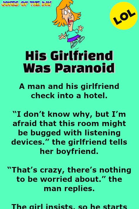 Funny Joke: A man and his girlfriend check into a hotel.   “I don’t know why, but I’m afraid that this room might be bugged with listening devices.” the Boyfriend Jokes Humor, Boyfriend Jokes, Pick Up Line Jokes, Jokes Humor, Joke Of The Day, The Girlfriends, Silly Jokes, Pick Up Lines, Double Take