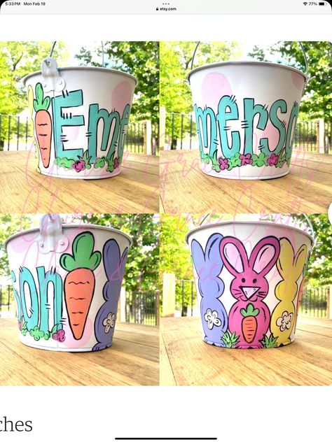 Painted Easter Baskets, Painted Buckets, Easter Pail, Personalized Easter Bucket, Teacher Clipboard, Easter Basket Items, Easter Buckets, Blue Names, Painted Items