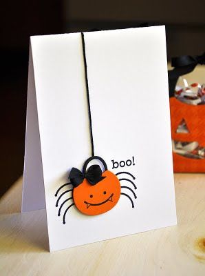 cute bag gift. Love the pumpkin spider Spider Card, Halloween Cards Diy, Halloween Infantil, Cards Halloween, Carte Halloween, Halloween Cards Handmade, Adornos Halloween, Halloween Tags, Halloween Card