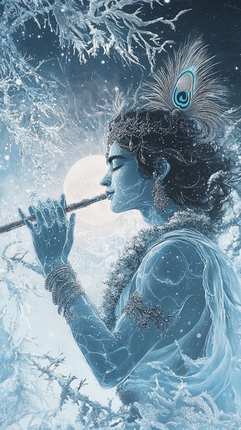 In a peaceful winter scene, Krishna sits by a frozen river, his translucent, icy skin reflecting the soft glow of the snowy surroundings as his flute fills the air with crystalline notes. Hare Krishna Wallpapers, Radhakrishna Images, Frozen River, Dreamy Artwork, Krishna Book, Krishna Wallpapers, Hinduism Art, Jai Shree Krishna, Krishna Wallpaper