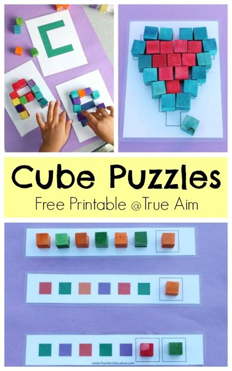 Free Cube Puzzle Printable from True Aim Education Puzzle Activities, Puzzle Printable, Kids Letters, Puzzle Activity, Block Puzzle, Math Stem, Teaching Colors, Letter Activities, Cube Puzzle