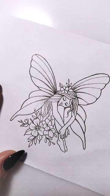 Fairy Rose Tattoo, Like Work Tattoo Ideas, Fae Fairy Tattoos, Line Work Fairy Tattoo, Fairy Tattoo With Flowers, Line Art Fairy Tattoo, Fairy Tattoo Collarbone, Fairy Lady Tattoo, Fairy Patchwork Tattoo