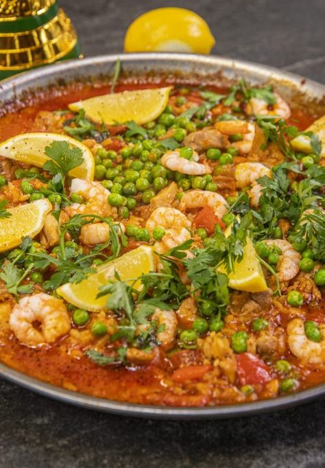 Chicken & Chorizo Paella with Prawns - Ainsley Harriott Chicken And Prawn Paella, Ainsley Harriot, Crunchy Stuffing, Baked Scalloped Potatoes, Chorizo Paella, Orzo Dishes, Chicken And Chorizo, Foodie Lover, Beef Kebabs