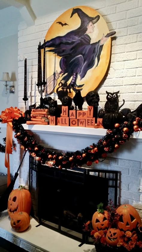 1930s Halloween, Character Shapes, Halloween Mantel Decor, Retro Witch, Facts About Halloween, Halloween Fireplace, Halloween Mantle, Halloween Mantel, Clever Halloween Costumes