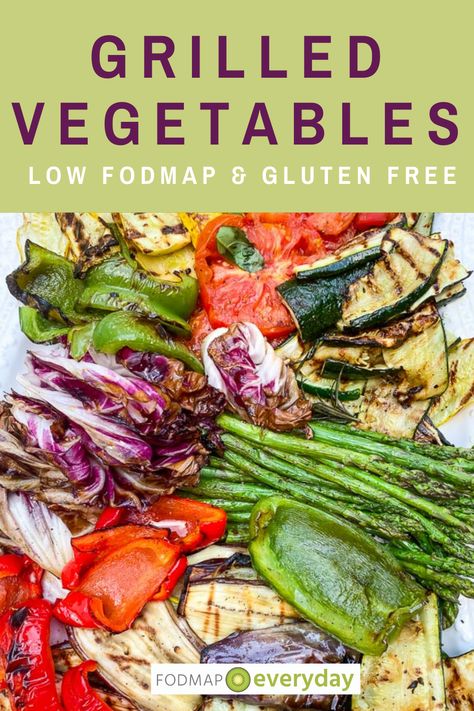 overhead shot of a platter of mixed grilled vegetables Low Fodmap Grill Recipes, Fodmap Veggies, Low Fodmap Recipes Vegetarian, Vegetable Marinade, Fodmap Vegan, Low Fodmap Vegetables, Grilled Vegetable Skewers, Fod Map, Fodmap Recipes Dinner