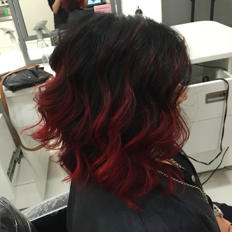 Black Shadow Root To Red, Black And Red Hair Short Wolfcut, Black Hair Dyed Tips, Red Hair With Black Roots, Black Roots Red Hair, 3am Aesthetic, Charcoal Hair, Black Red Hair, Hair Dye Tips