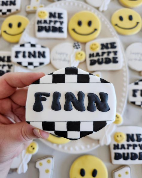 One Happy Dude!😊 Happy 1st Birthday Finn 🥳 • #cookie #cookies #decoratedcookies #cookiesofinstagram #cookiehack #cookietip #cookiedecorating #satisfying #satisfyingreel #cookier #newcolors #thisweekscolors #jdsugarcookies #onehappydude #onehappydudebirthday #onehappydudecookies #sugarcookies #firstbirthdaycookies Happy Dude Cookies, One Happy Dude Cookies, Happy Dude Cake, One Happy Dude Cake, First Birthday Cookies, One Happy Dude, Cookie Hacks, Happy 1st Birthday, First Birthday Themes