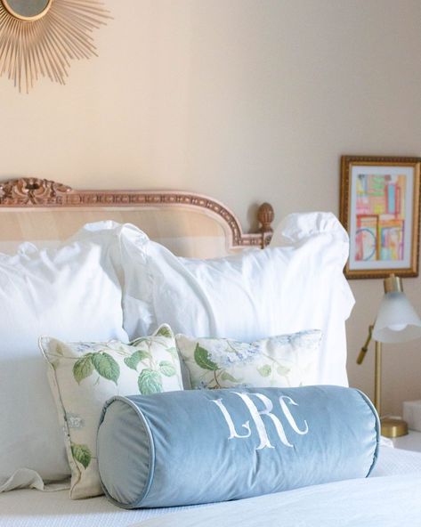 Louise | Mississippi Blogger on Instagram: “Ever since we received our beautiful monogrammed bolster pillow for Christmas, I’ve been getting so many questions about it! I’ve rounded…” Monogrammed Pillow Shams Master Bedrooms, Bolster Pillow On Bed, Monogram Pillows On Bed Master Bedrooms, Round Bolster Pillow, Monogram Bolster Pillow, Boy Monogram Bedding, Monogrammed Pillows, Monogram Bed Pillows, Adult Bedroom Decor