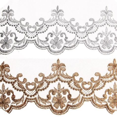 Annielov trim lace #352 Sold by the yard. Lace will be supplied in a continuous length of up to 14 yards. - Color: Gold or Silver - Materials: Rayon - Measurement: about 130mm wide - Origin: Annielov / Made in Korea  This beautiful " Trim Lace " is perfect for embellishing dresses, hair accessories, hats, clothing, belts and many more! If you want another color of this same design :  https://www.etsy.com/shop/annielov korean handmade hair accessories wholesale manufacturer headband lovely anniel Bridal Wedding Flowers, Wedding Applique, Wholesale Hair Accessories, Border Embroidery Designs, Meme Design, Wedding Lace, Handmade Hair Accessories, Lace Headbands, Embroidery Fashion