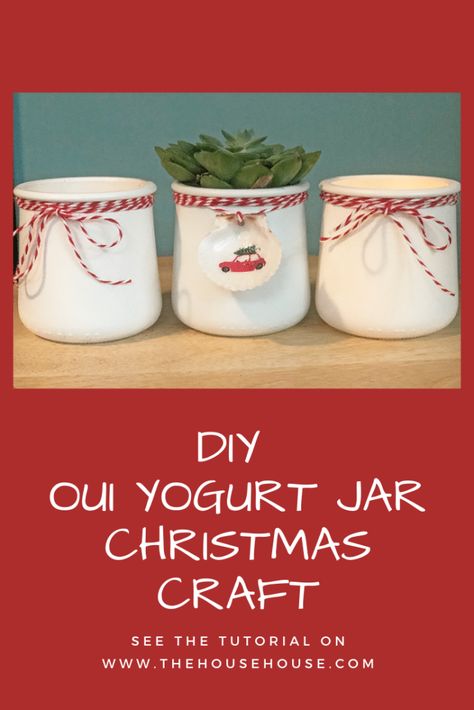 Oui Yogurt Jar Simple Christmas Craft - Diy With Oui Jars, Uses For Oui Jars, Oui Crafts, Crafts With Small Glass Jars, Oui Yogurt Jars Ideas Cricut, Repurpose Oui Yogurt Jars, Things To Do With Oui Yogurt Jars, Ideas For Oui Yogurt Jars, Repurposed Oui Yogurt Jars