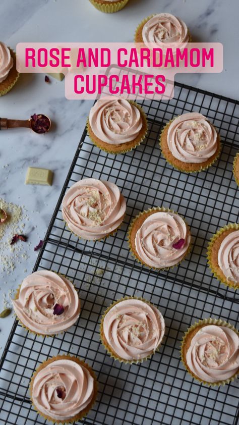 Cardamom Cupcake Recipes, Vday Baking, Rosemary Cupcakes, Cardamom Cupcakes, Rose Frosting, Rose Muffins, Rose Icing, Pistachio Cupcakes, Cottage Recipes