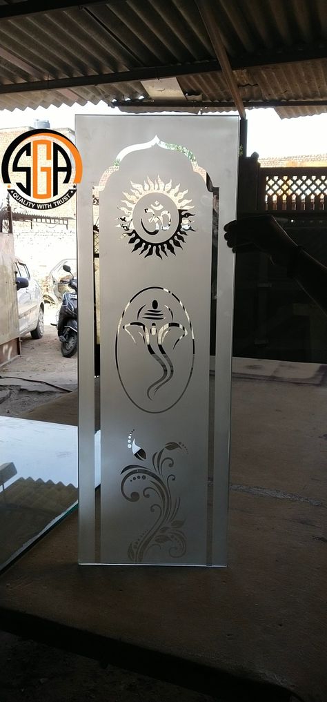 Ganesh Glass Design, Frosted Glass Design For Mandir, Etched Glass Door For Pooja Room, Mandir Glass Door Design, Frosted Window Design, Temple Glass, Sahil Khan, Glass Wall Design, Pooja Door