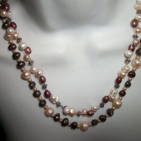 Handmade By Usa Artisan Two Fw Pearls Necklaces+ Earrings Unique, One Necklace Has Trios Of Bronze, Peach And White Fw Pearls That Are Clustered On Flexible Beading Wire And Seem To Float Above Your Neck Necklace Is 18" Long The Second Necklace Has Chocolate Brown And Peach Fw Pearls , Separated By Small Pink Antique Glass Pearls 20" Long 2 Pairs Of Delicate Earrings Have Sterling Silver Earwires Wear It Together Or Separately Silver Feather Necklace, Floral Statement Necklace, Blue Pendant Necklace, Galaxy Necklace, Cameo Pendant Necklace, Rhinestone Statement Necklace, Pearl Necklace Earrings, Braided Necklace, Brown Necklace