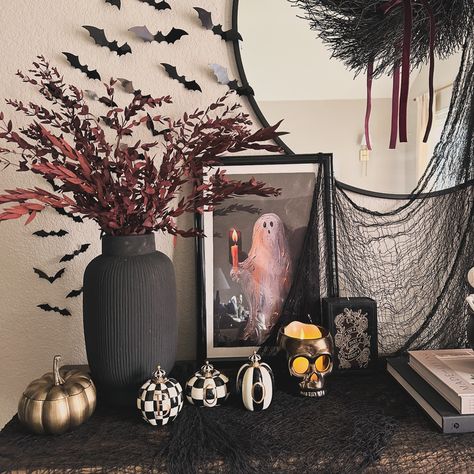 Spooky Halloween Entryway! 🎃🖤 Soaking in the views from October! 🍂 Especially my spooky entryway for Halloween! It was so fun decorating! 🎃👻 Happy wednesday everyone! Hope everyone has great rest of your week! 🤌🏼🖤 I know I’m busy busy busy but in the best way! 🤌🏼💁🏻‍♀️💃🏻 🖤Comment ‘SHOP’ for a link of this post sent to your DM’s. 🖤Shop this post by clicking link in bio under, LTK. #entryway #entrywaydecor #entrywaydesign #entrywayideas #spookyseason #spookydecor #halloween #halloweendecor... Spooky Entryway, Halloween Bats On Mirror, Bats Entryway Mirror, Halloween Entryway, Happy Wednesday Everyone, Busy Busy, Entry Way Design, Spooky Decor, Happy Wednesday