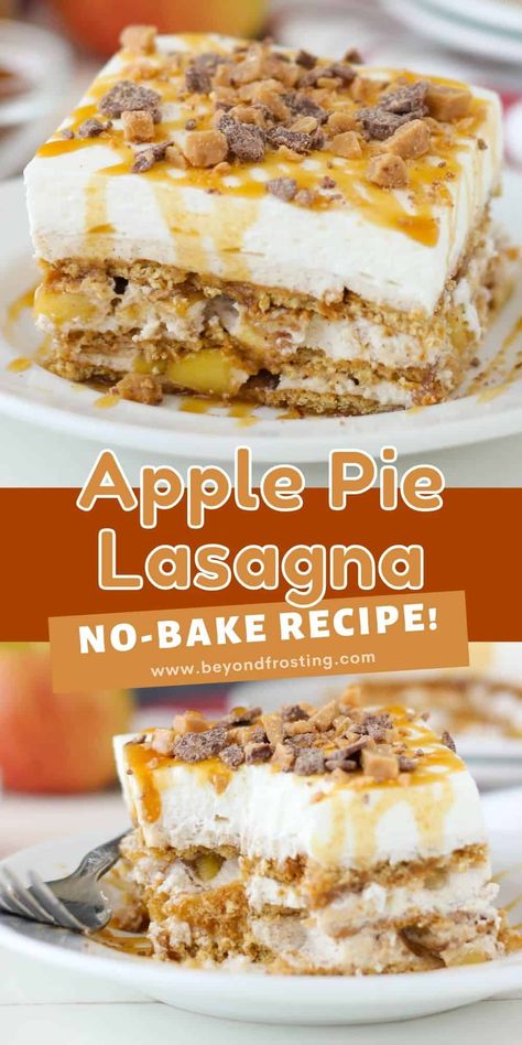 This Apple Pie Lasagna is a no-bake dessert that's made up of layers of graham cracker topped with caramel brown sugar cream cheese, homemade apple pie filling, whipped cream, and Heath toffee bits. Oatmeal Apple Pie, Cream Cheese Homemade, Baked Apple Oatmeal, Oatmeal Apple, Toffee Chips, Homemade Apple Pie Filling, Homemade Apple Pie, Apple Pie Filling, Baked Apple Pie