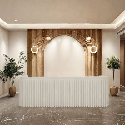 Make every reception a delightful experience. It's not just about enhancing your work efficiency; it's about creating a warm, professional reception space. Let every client feel the meticulous attention to detail here, leaving a profound impression. Now, let this uniquely styled reception desk become a part of your journey to professional success. LKIWXAQ RECEPTION DESK Colour: Beige, Size: 39.37" H x 70.86" W x 23.62" D | LKIWXAQ RECEPTION DESK Vintage-Style Front Desk Computer Desk White/Brown High End Reception Desk, Upscale Boutique Interior, Spa Reception Design Waiting Rooms, Legal Office Decor, Art Deco Reception Desk, Front Desk Aesthetic, Curved Reception Desk Design, Reception Desk Design Entrance, Spa Front Desk