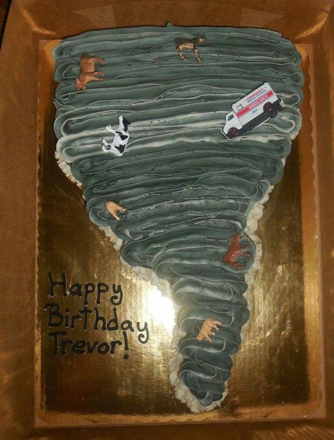 Tornado Themed Cake, Weather Birthday Cake, Weather Cakes Ideas, Fournado Birthday Cake, Tornado Cake Design, Tornado Cupcake Cake, Twister Birthday Party Ideas, Twister Themed Party, Fournado Cake