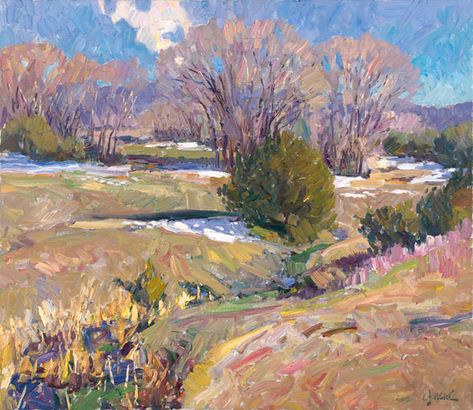 Snow Patches by Walt Gonske, oil on linen, showing at the National Cowboy & Western Heritage Musuem in Oaklahoma City, Walt Gonske Paintings, Impressionistic Paintings, Russian Landscape, Air Art, Painting Styles, Desert Decor, Modern Impressionism, Southwestern Art, Painting Snow