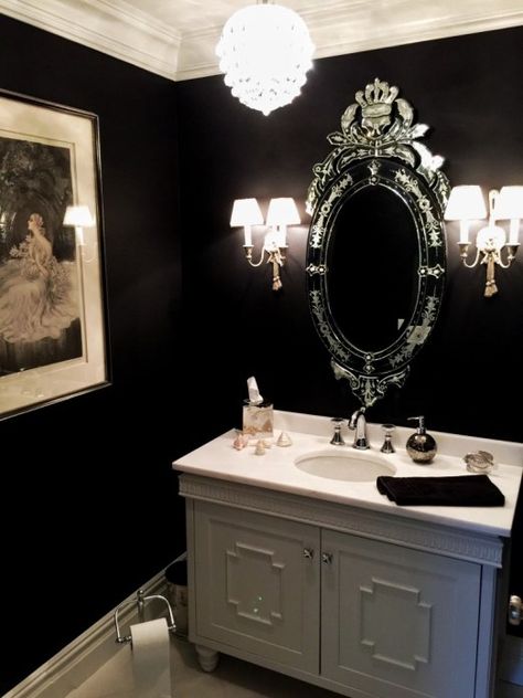 Black Glam Bathroom Ideas, Black Glam Bathroom, Black And White Living Room Aesthetic, Old Hollywood Bathroom, Black Bathroom Paint, Glam Bathroom Ideas, Hollywood Bathroom, Powder Room Paint Colors, Painting Bathroom Walls