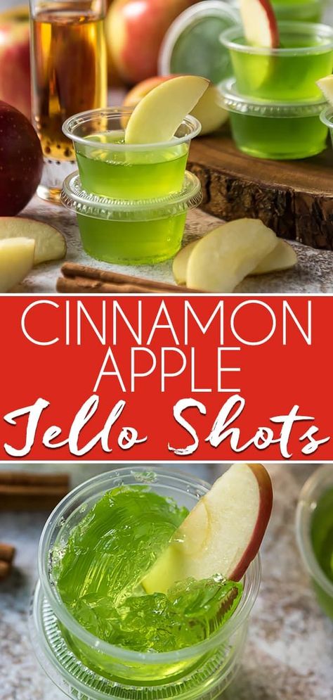 These fun, spicy Cinnamon Apple Jello Shots are a seasonal twist on a party favorite! Skip the vodka and opt for cinnamon whiskey paired with green apple gelatin for this crowd pleasing recipe! #crumbykitchen #jelloshots #cinnamon #apple #cocktails #jello #fireball #whiskey #partytreats Apple Jello Shots, Malibu Jello Shots, Mojito Jello Shots, Fireball Jello Shots, Strawberry Margarita Jello Shots, Cherry Jello Shots, Apple Cocktails, Strawberry Jello Shots, Watermelon Jello Shots