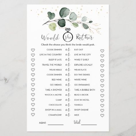 $1.35 | Would She Rather Eucalyptus Bridal Shower Game #watercolor, bridal shower, bridal shower game, would she rather, would she rather bridal shower, confetti, gold, foliage, bridal eucalyptus would she rather, eucalyptus Hotel Chocolate, Would She Rather, Fun Bridal Shower Games, Bridal Games, Bridal Shower Game, Gold Invitations, Golden Leaves, Business Stationery, Bridal Shower Party