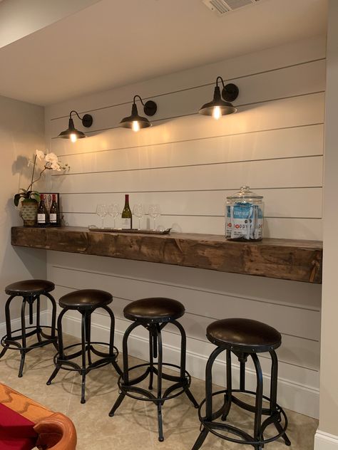 Wall Bar Shelf With Stools, Rustic Rec Room Ideas Basements, Basement Floating Bar, Garage To Movie Room, Rustic Pool Table Room, Farmhouse Gameroom Ideas, Gameroom Pool Table, Games Room Bar Ideas, Diy Bar Ledge On Wall