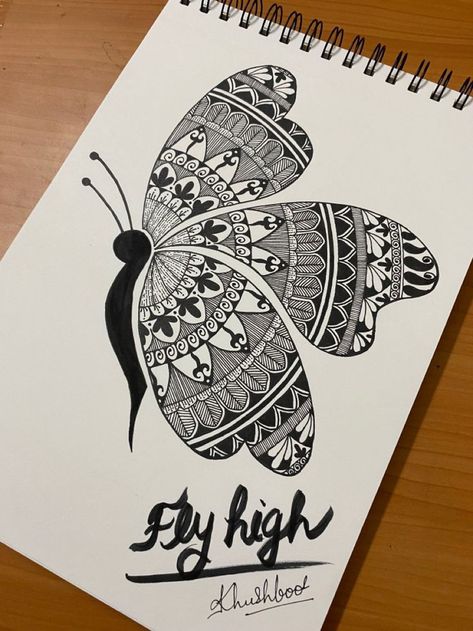 Cute Doodle Butterfly, Elements Of Design Drawings, Mandala Art In Butterfly, Vignette Drawing Flower, Mandala Art Butterfly Design, Vignette Art Drawing Simple, Vignette Drawing Easy, Mandala Drawing Butterfly, Easy Pen Drawings For Beginners