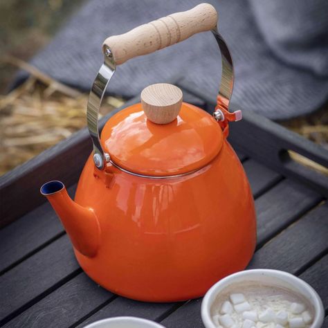 Enamel Stove Kettle in Orange – Duck Barn Interiors Stove Kettle, Orange Duck, Barn Interior, Gas Cooker, Vitreous Enamel, Gas Hob, Induction Hob, Family Camping Trip, Kitchen Stove