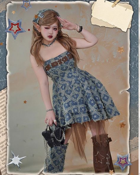 🤎Plus size friendly lucky stars punk rock basque waist denim dress. 🥳Matching with leg warmers, distressed holes cardigan and skirt. 👉Search' BC-HC-643' on devilinspired.com #devilinspired #kawaii #kawaiiaesthetic #kawaiidress #kawaiifashion Handkerchief Hem Skirt, Romantic Silhouette, Basque Waist, Stars Pattern, Kawaii Dress, Kawaii Aesthetic, Handkerchief Hem, Hem Skirt, Lucky Star