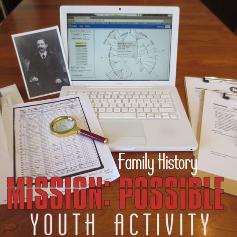 Do you need a fun activity to help the youth in your ward get interested in family history? How about a Family Home Evening or Sunday activity for the whole family? Try MISSION POSSIBLE and see tha… Temple And Family History Activities, Family History Activities, Tree Activities, Mutual Activities, Rs Activities, Family Home Evening Lessons, History Games, Family History Projects, Mission Possible