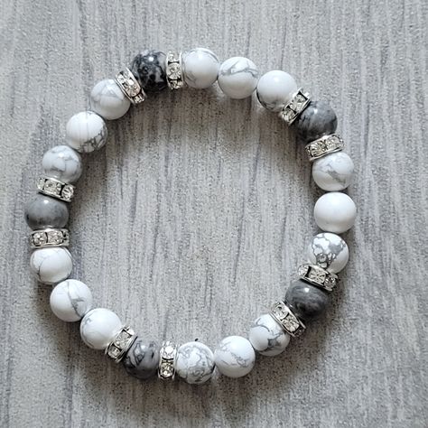 White Howlite Bracelet, Shambala Bracelet, Grey Bracelet, Gray Bracelet, Grey Beads, White Howlite, White Band, Quartz Bracelet, White Quartz