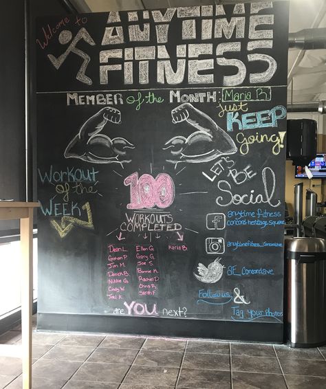 Anytime Fitness- Concord Heritage Square Chalkboard Gym Blackboard Ideas, Fitness Chalkboard Ideas, Gym Whiteboard, Office Chalkboard Ideas, Gym Chalkboard Ideas, Anytime Fitness Chalkboard, Gym Chalkboard, Anytime Fitness Gym, Weightlifting Platform