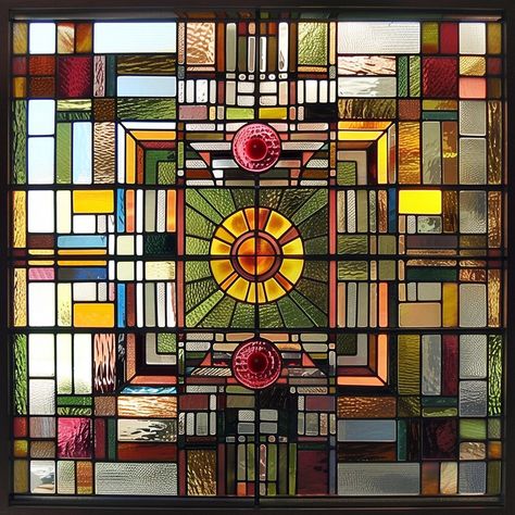 Stained Glass Frank Lloyd Wright, Square Stained Glass Patterns, Stained Glass Minecraft, Glass Windows Modern, Stained Glass Geometric Patterns, Cob Bathroom, Frank Lloyd Wright Stained Glass Pattern, Modern Stained Glass Windows, Stained Glass Tutorial